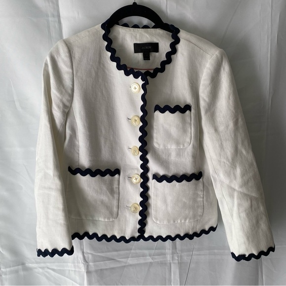 NWOT J. Crew blazer white linen navy Rick rack wavy trim SZ 00. - Picture 13 of 16